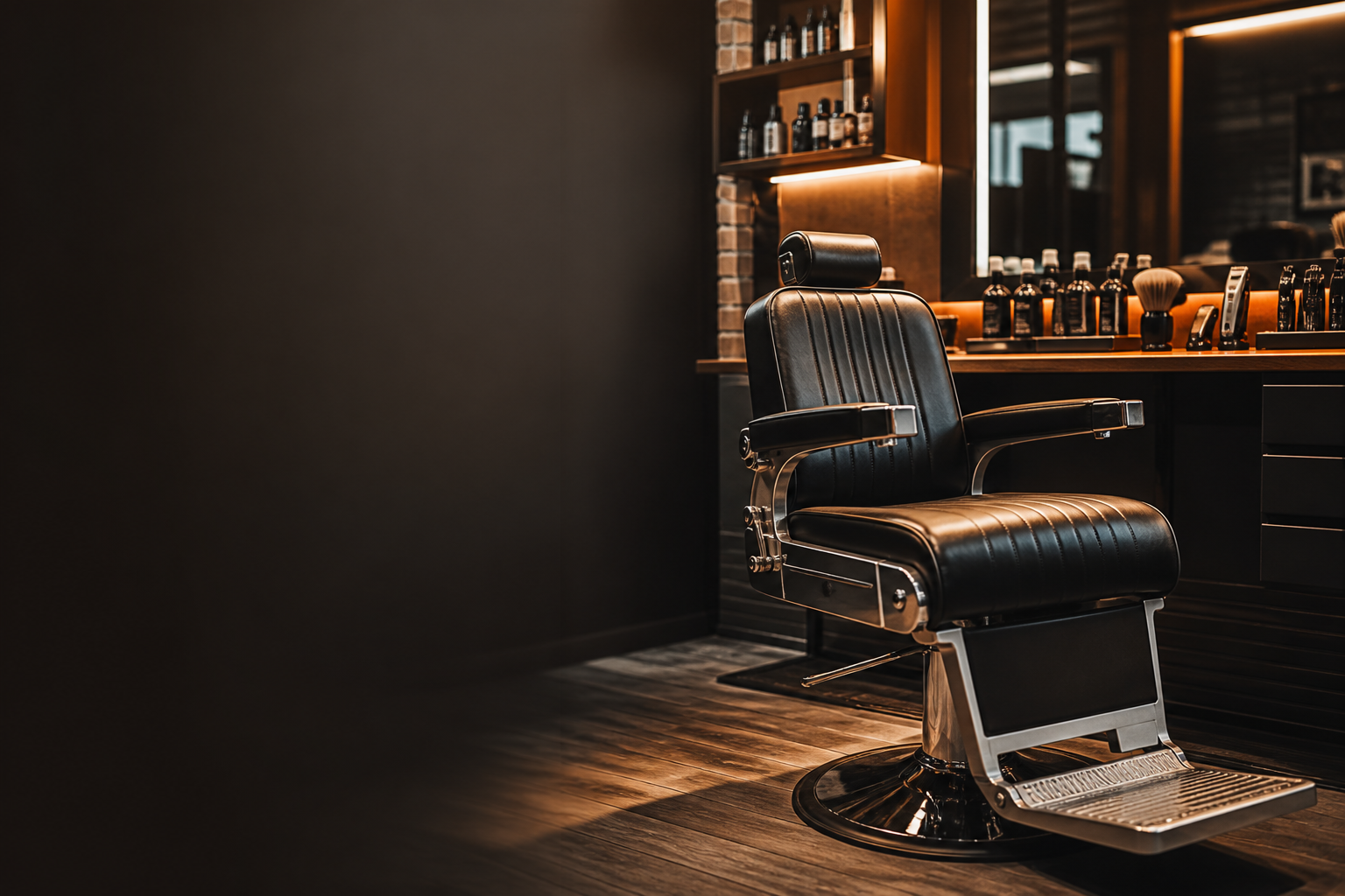 cadeira de barbearia profissional com bancada moderna e ferramentas organizadas ao fundo
